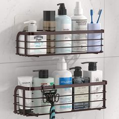 two metal shelves with soap, lotion and other bathroom items