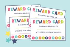 three reward cards with numbers and stars on the front, one is for reward card