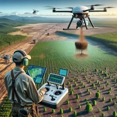 a man flying a remote control helicopter over a green field with an image of a crop