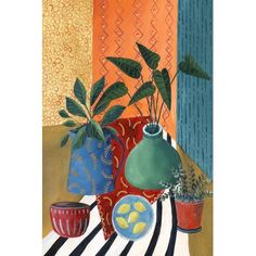 a painting of potted plants on a striped tablecloth with blue and orange curtains in the background