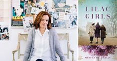 a woman sitting on a chair next to a book cover and a photo of two people