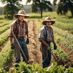 two men are standing in the middle of a field