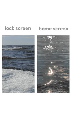 two pictures of the same ocean and sky, one with sun reflecting off water while the other has snow on it