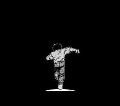 a black and white drawing of a person doing a trick on a skateboard in the dark