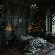 an old fashioned bed in a dark room with lots of plants hanging from the ceiling