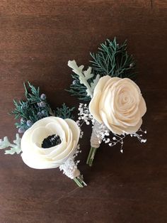 two white flowers are sitting on a table