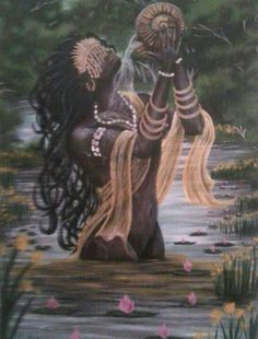 a painting of a woman standing in the water with her hands up to her face