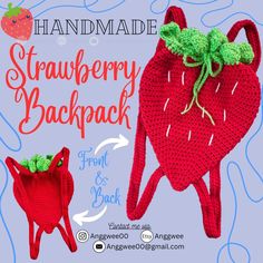 two crocheted strawberries are shown with the words handmade strawberry backpack from left to right