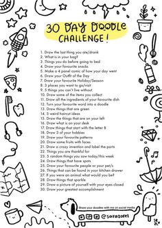 the 30 day doodle challenge is shown in black and white, with cartoon characters around it