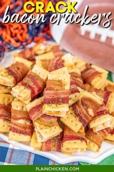 bacon crackers on a plate with a football in the background and text overlay