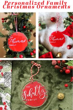 christmas ornaments with the words personalized family on them, and an ornament hanging from