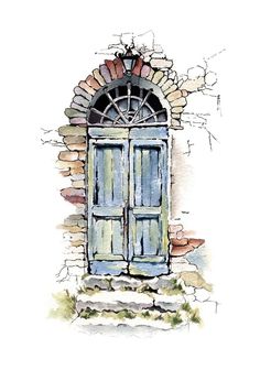 an illustration of a blue door in front of a brick wall with a stone arch