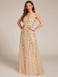 V-Neck Leaf Sequin Sleeveless A-Line Formal Evening Dress with Tulle #color_Gold Glamorous V-neck Sleeveless Prom Dress, Elegant Sleeveless V-neck Dress For Gala, Elegant V-neck Sleeveless Dress For Wedding, Elegant V-neck Tulle Dress, Champagne Sleeveless Evening Dress For Gala, Elegant Sleeveless Tulle Dress For Wedding, Elegant Sleeveless Midi Dress For Gala, Sleeveless Tulle Evening Dress For Prom Season, Champagne V-neck Evening Dress For Gala