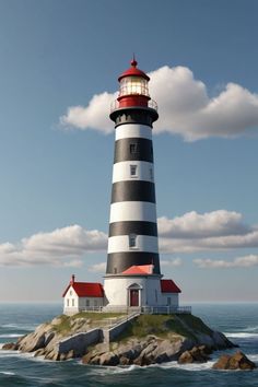 a black and white lighthouse sitting on top of a small island in the middle of the ocean