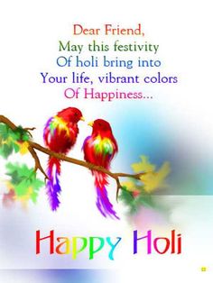 two birds sitting on a branch with the words happy holi