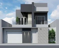 an artist's rendering of a modern house with two garages and three floors