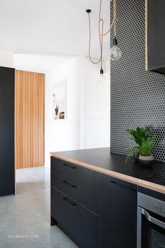 a black and white kitchen with wooden accents on the wall behind the countertop is a potted plant