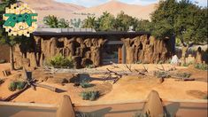 an artistic rendering of a desert house in the middle of palm trees and rocks with mountains in the background