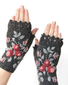 Grey Mittens, Knitting Gloves, Grey Gloves, Sweater Mittens, Embroidered Roses, Gloves Design