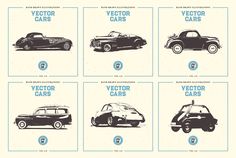 six different types of cars are shown in this graphic style, with the names and numbers below them