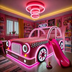 a pink taxi themed bedroom with a slide in the middle and toys on the floor