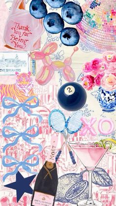 a collage of various items and colors on a pink background with blue, purple, and white accents