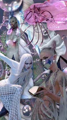 a collage of women dressed in white and pink, with bubbles floating over them