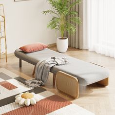 a living room with a couch, rug and potted plant on the floor next to it