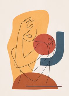 an abstract drawing of a woman holding a red ball