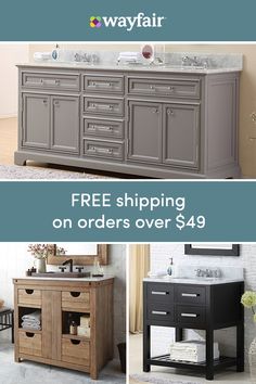 an ad for the wayfair website showing two sinks and one cabinet with free shipping on orders over $ 495