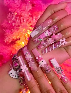 Hello Kitty Christmas Nails Acrylic, Hello Kitty Acrylics, Hello Kitty Junk Nails, Pink Y2k Hello Kitty Nails, Hello Kitty Christmas Nails, Pink Junk Nails, Barbie Inspired Nails, Long Junk Nails, Mcbling Christmas Nails