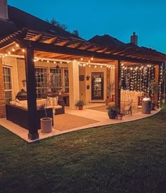 an outdoor patio with lights on it