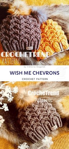 two knitted hats sitting on top of a fur covered blanket with the words, wish me chevrons