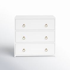 a white chest of drawers with gold handles and knobs on the bottom, against a plain background