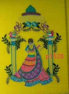 an image of a woman in a colorful dress on a yellow background with green leaves and flowers