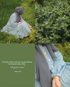 a woman sitting in the grass with a quote on her face next to blue flowers