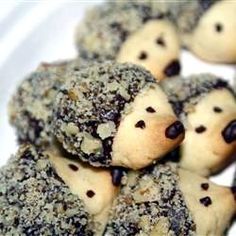 some cookies with chocolate chips in them on a white plate and the caption reads, hedgehog cookies