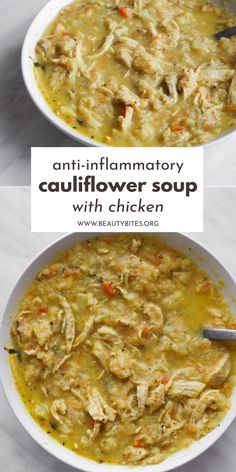 Super easy anti-inflammatory recipe for a delicious cauliflower chicken soup! This homemade soup recipe is light, flavorful, healthy and loaded with anti-inflammatory foods. Perfect healthy dinner idea for busy weeknights as it's ready in around 30 minutes, this clean eating recipe is also low carb, gluten free, dairy free and paleo. Cauliflower Chicken Soup, Chicken Soup Easy, Clean Eating Recipe, Cauliflower Chicken, Beauty Bites, Homemade Soup Recipe, Soup Easy, Health Dinner, Cauliflower Soup