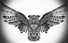 an owl with ornate wings on a white background