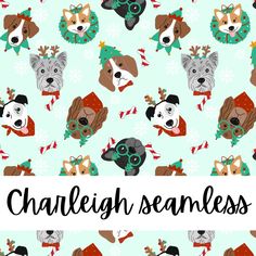 a pattern with dogs wearing christmas hats and scarfs on it's face, in front of a blue background that says chaletch seamless