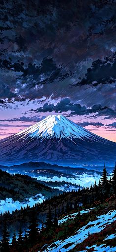 a painting of a snow covered mountain in the distance with trees and clouds around it