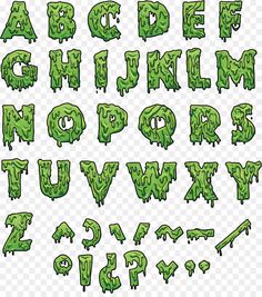 an alphabet made out of green letters and numbers, with dripping paint on the upper part