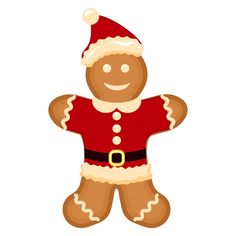 a gingerbread man wearing a santa hat and red sweater with his hands in the air