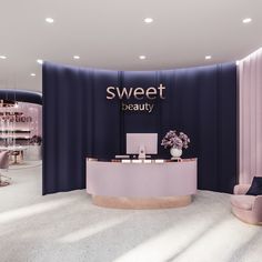 the interior of a beauty store with pink and blue walls, white flooring and furniture