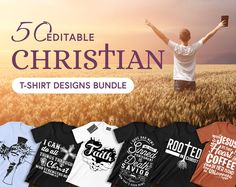 a man standing in a field with his arms up and the words, 5 edible christian t - shirt designs bundle