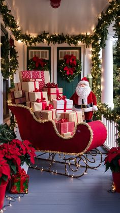 a sleigh filled with presents on top of a porch