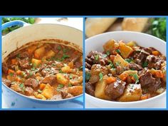 three different pictures of food including stew, potatoes and carrots in a blue pot