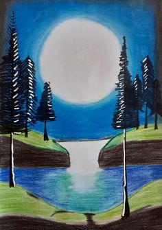 a drawing of a lake with trees on the shore and a full moon in the sky