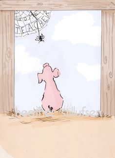 a cartoon pig looking at a spider in the air from behind a wooden fence,