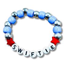 a beaded bracelet with the word swiffie spelled in red, white and blue beads